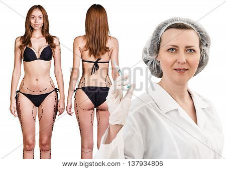 Female doctor and woman with arrows on her body isolated on white background. Plastic surgery concept.