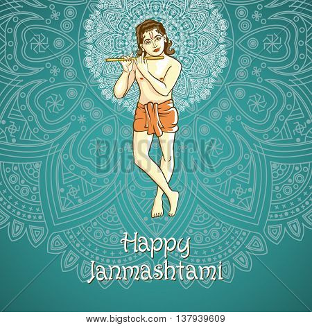 Cartoon. Illustration Of Lord Krishana In Happy Janmashtami Blue Background Indiian Mandala Vector