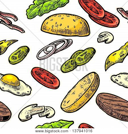 Seamless pattern ingredients burger include cutlet tomato cucumber and salad. Vector vintage engraving illustration for poster menu web banner info graphic. Isolated on white background.