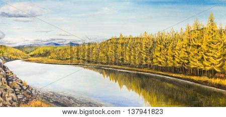 The quiet river in the North . Autumn. Yellow trees. Oil painting