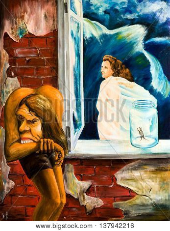 Allegory and undivided love for the woman. Oil painting
