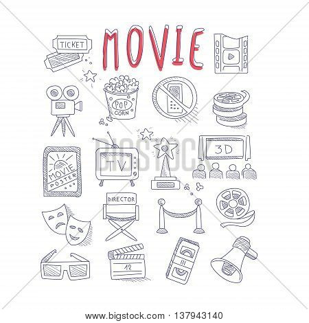 Movie Produstion And Industry Objects Collection With Text Hand Drawn Simple Vector Illustration Is Sketch Style