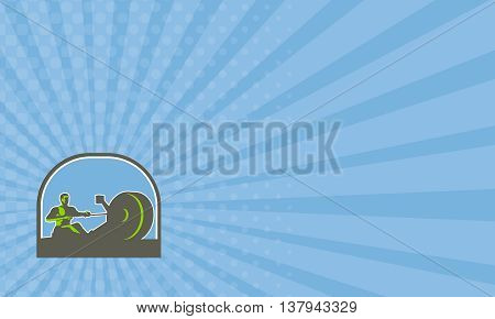 Business card showing illustration of a rower exercising on a rowing machine viewed from the side set inside half circle done in retro style.