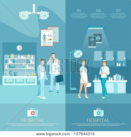 Medicine banners health service surgery operation room doctors and hospital interiors vector illustration