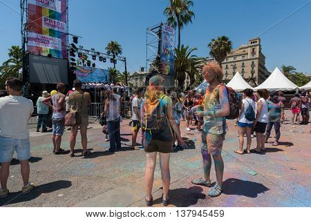 BARCELONA SPAIN - JULY 9 2014:Main stage of Holi festival at Escenario del Moll de la Fusta.
