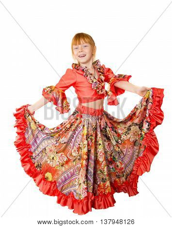 Beautiful girl in a Gypsy dress isolated on white background