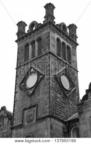 An external view of an old church tower in Alloa