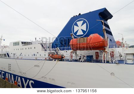 DOVER ENGLAND - OCTOBER 24 2015: DFDS Seaways ferry boat ready for departure in the Dover harbor