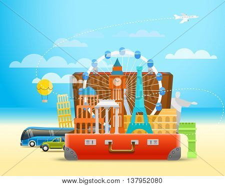 Vacation travelling composition with the open bag. Touristic sighns concept
