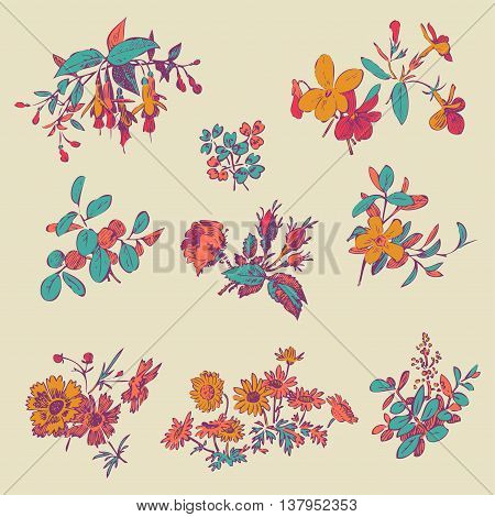Meadow flower and leaf set vector isolated on beige floral doodle vintage element decorative oriental design. Invitation wedding valentine day greeting card collection. Botanical rose daisy bloom