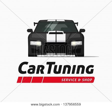 Car tuning shop poster vector banner, sticker symbol, sport auto service centre badge, technology sign, performance parts label, autoservice station ribbon, modern illustration design isolated logo