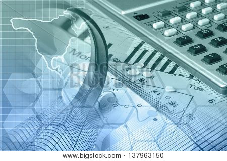 Financial background with map calculator graph and ruler in greens and blues.