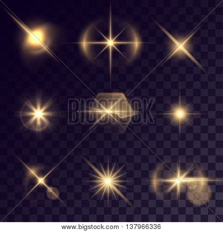 Vector starlights effects. Set of golden flashes on transparent background. Release clipping mask for work.