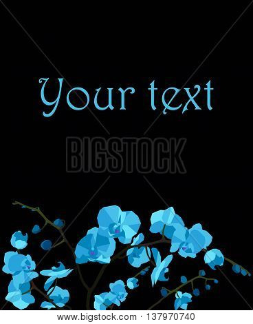 Postcard with blue orchids on a black background.