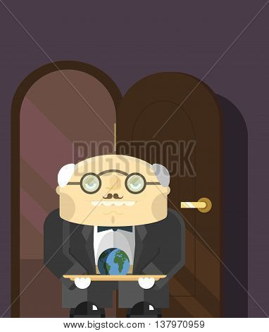 old butler standing in the doorway with a tray on which lies the land of the planets