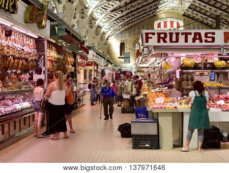 VALENCIA, SPAIN - JUNE 21: Interior view of the Mercado Central on June 21, 2016 in Valencia, Spain. This building built in modern art nouveau style is the seat of the main public market in the city