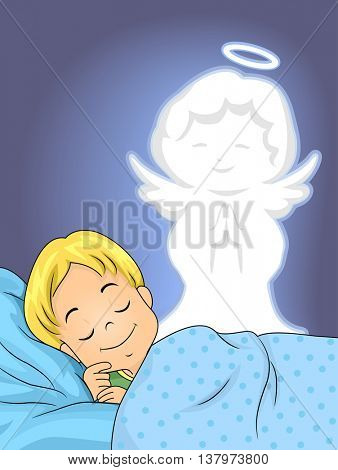 Illustration of a Sleeping Boy Guarded by His Guardian Angel