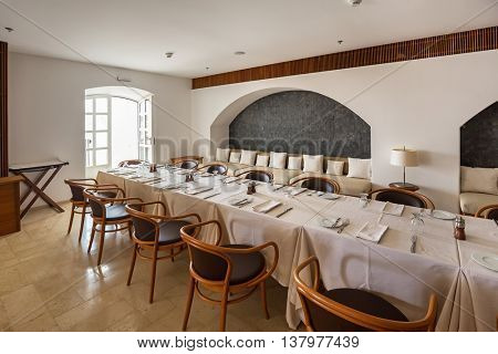 SVETI STEFAN, MONTENEGRO - SEPTEMBER 09: Restaurant interior in island hotel on September 09, 2015 in Sveti Stefan Montenegro.