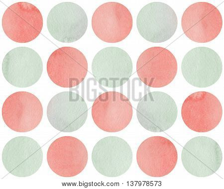 Watercolor Circles In Pink And Light Green Color Isolated Over White.