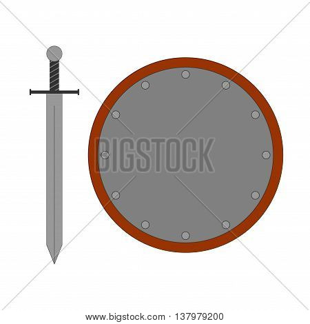 Set of sign round shield and sword silver. Combat color icon isolated on white background. Flat mark. Symbol of a steel elements. Logo for military and security. Stock vector illustration