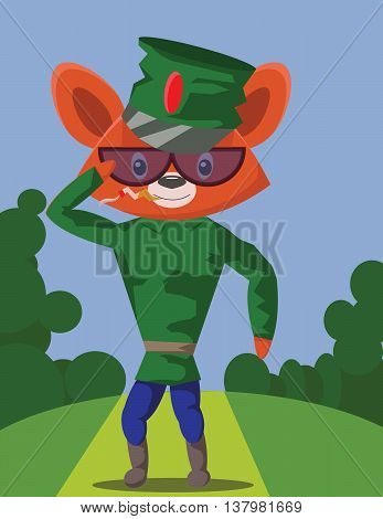 Fox character in military clothes wearing glasses smoking and giving honour and salute. Digital vector image