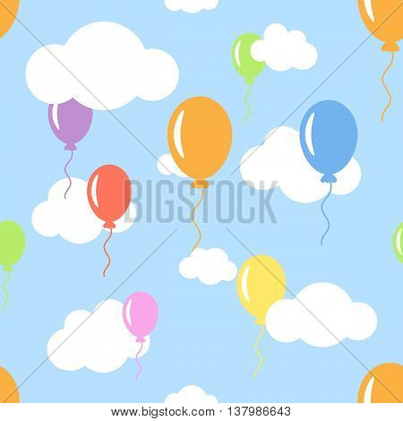 Seamless pattern with clouds and different color balloons floating in the sky. Vector illustration.