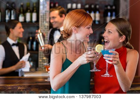 Friends holding a cocktail in front of bar counter in bar