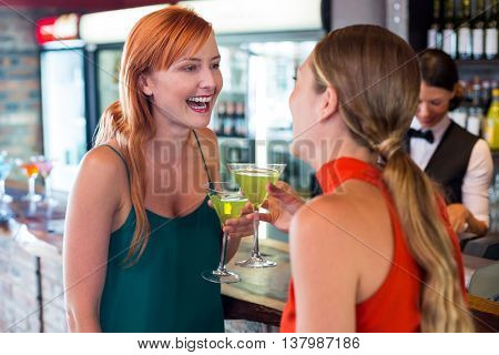 Happy friends holding a cocktail in front of bar counter in bar