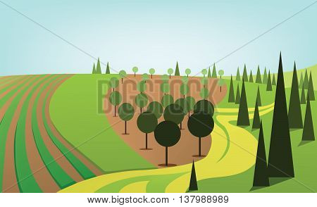 Abstract landscape design with green trees and hills yellow road and orchard flat style. Digital vector image.