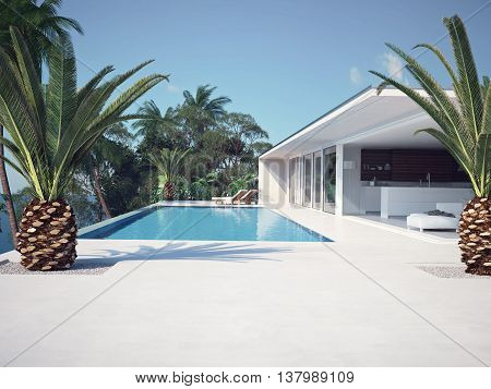 Luxury swimming pool and blue water at the resort. 3d rendering