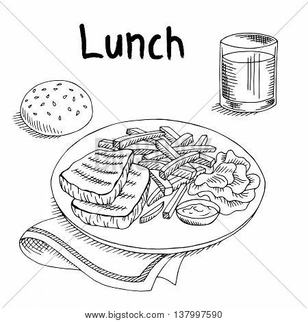 Lunch food meat steak French fries salad graphic art black white sketch illustration vector