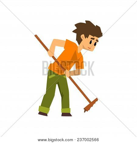 Male Farmer With Wodden Rake, Farm Worker With Gardening Tool Vector Illustration Isolated On A Whit
