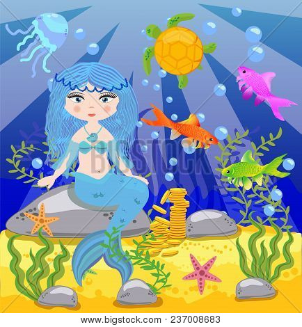 Vector Background With An Underwater World In A Children's Style. A Mermaid Is Sitting On A Rock. Wo