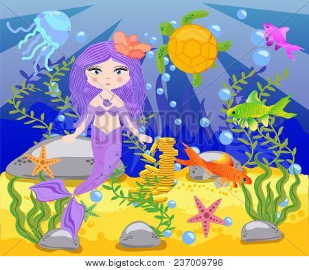 Vector Background With An Underwater World In A Children's Style. A Mermaid Is Sitting On A Rock. Wo