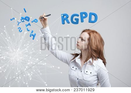 RGPD, Spanish, French and Italian version version of GDPR: Reglamento General de Proteccion de datos. General Data Protection Regulation. Young woman working with information.