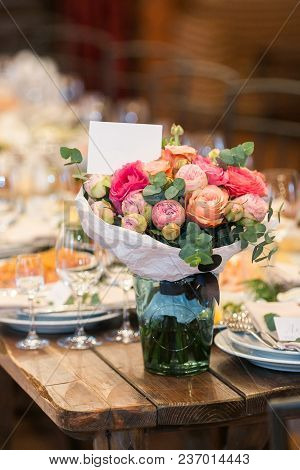Arrangement, Interior Decor, Party Concept. On The Coner Of Old Wooden Table Served For Reception Th