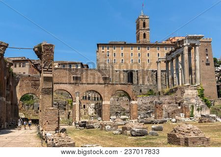 Rome, Italy - June 24, 2017: Capitoline Hill, Temple Of Saturn And Capitoline Hill In City Of Rome, 