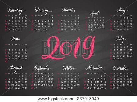 Pocket Calendar, 2019, In Dark Colors, Lettering. Convenient Organizer For Business People And So On