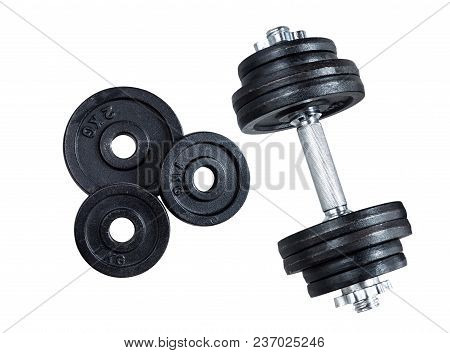 Gym Dumbbells On White Background With Clipping Path. Photograph Taken From Above