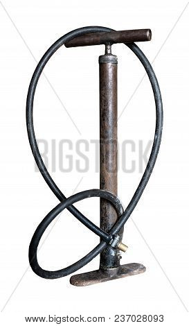 Old Bicycle Floor Pump. Isolated On A White Background With Clipping Path