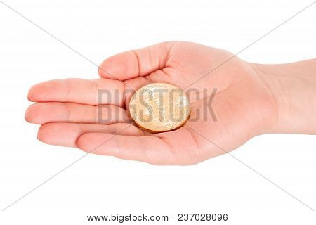 Golden Bitcoin In A Man Hand. Digitall Symbol Of A New Virtual Currency Isolated On White Background