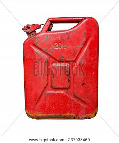 Old Red Metal Fuel Tank For Transporting And Storing Petrol. Isolated  On A White Background With Cl