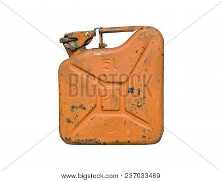 Old Orange Metal Fuel Tank For Transporting And Storing Petrol. Isolated  On A White Background With