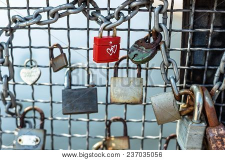 Poland Bydgoszcz April 2018
The Red Padlock With White Heart. Concept Love Forever - Valentine.