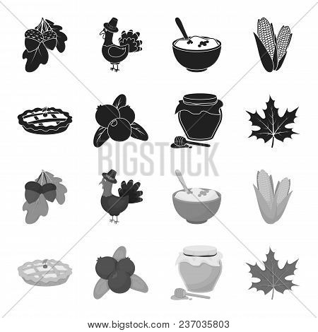 Cranberry, Pumpkin Pie, Honey Pot, Maple Leaf.canada Thanksgiving Day Set Collection Icons In Black,