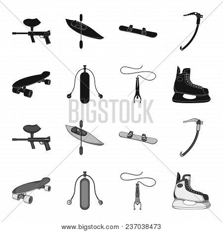 Skateboard, Oxygen Tank For Diving, Jumping, Hockey Skate.extreme Sport Set Collection Icons In Blac