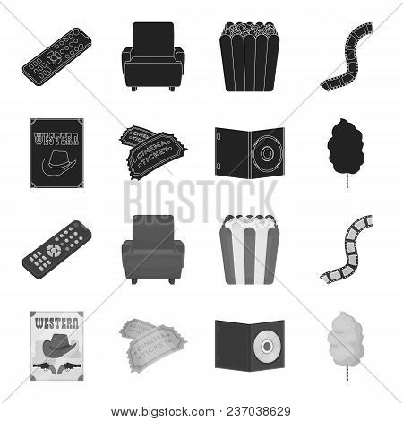 Western Cinema, Tickets, Sweet Cotton Wool, Film On Dvd.filmy And Cinema Set Collection Icons In Bla