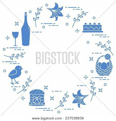 Different Easter Symbols Arranged In A Circle: Simnel Cake, Chick, Lily, Baskets, Eggs And Other. De