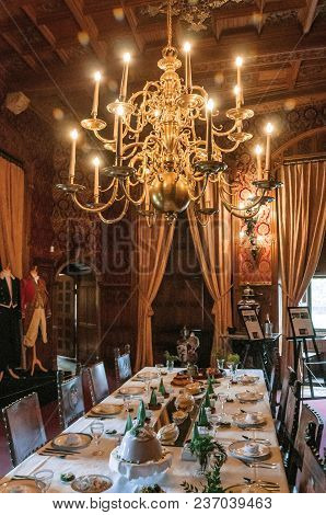 Utrecht, Northern Netherlands - June 28, 2017. Luxurious Furniture In De Haar Castle Dining Room, Ne