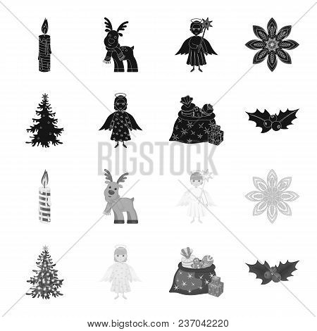 Christmas Tree, Angel, Gifts And Holly Black, Monochrome Icons In Set Collection For Design. Christm